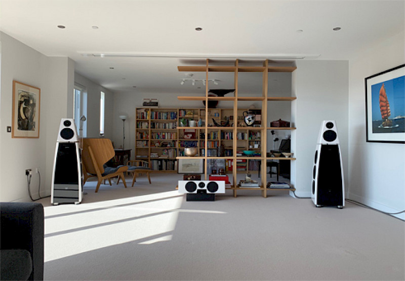 Meridian DSP speakers in white in a living room