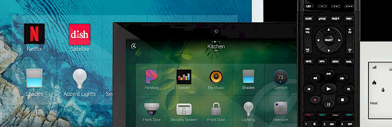 image showing different ways of using control4 software including tv screen, ipad and smart hand remote control