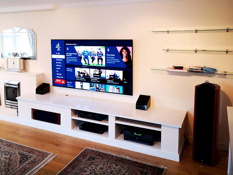 White tv cabinet with two black speakers either side