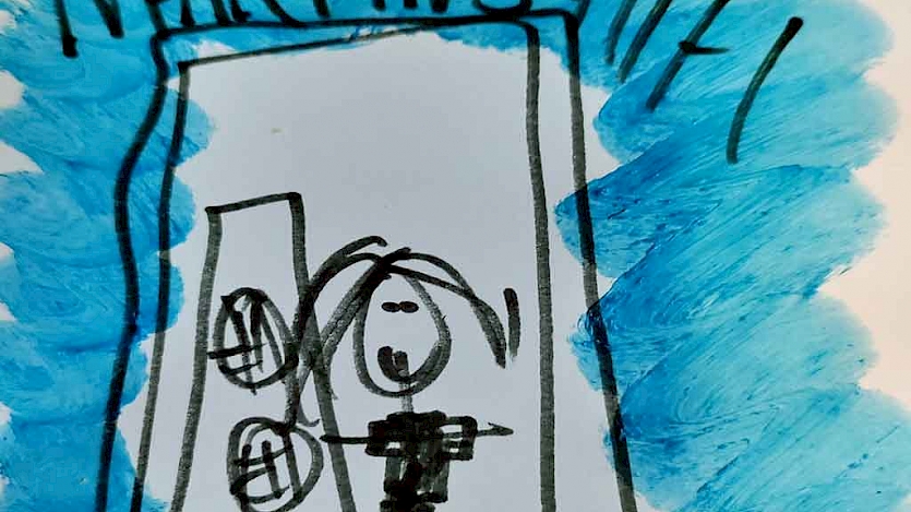 A drawing of Elizabeth stood in doorway next to a large speaker