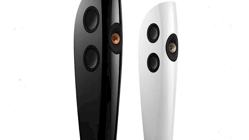 KEF Blade Meta in black and KEF Blade Two Meta in white, stood next to each other